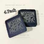 Two square dark slate coasters with a western-themed 'Western Pacific' logo print, displayed on a light beige background with a '4 Pack' text overlay.