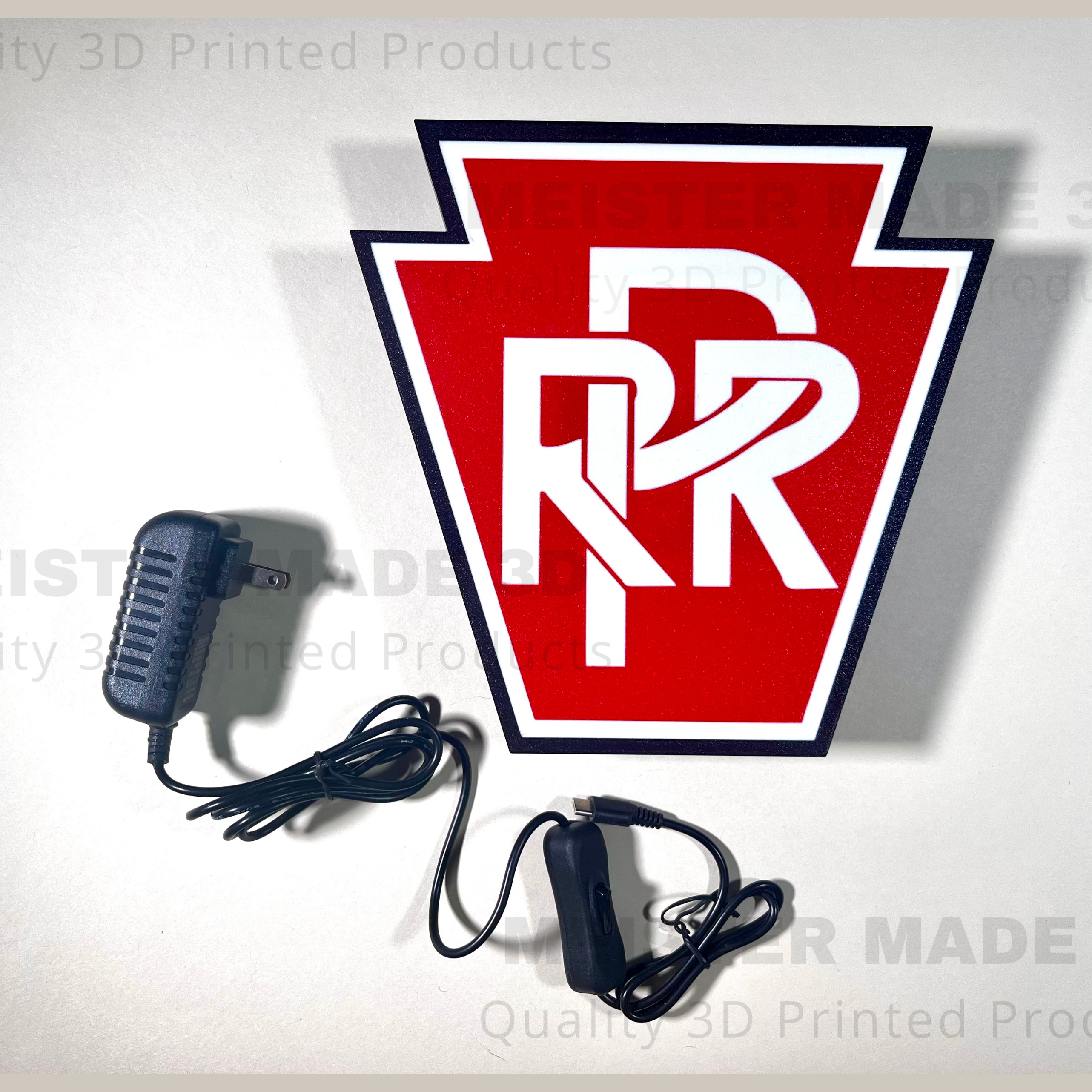 PRR logo LED light up sign. White text on a red and black background. Pennsylvania railroad 