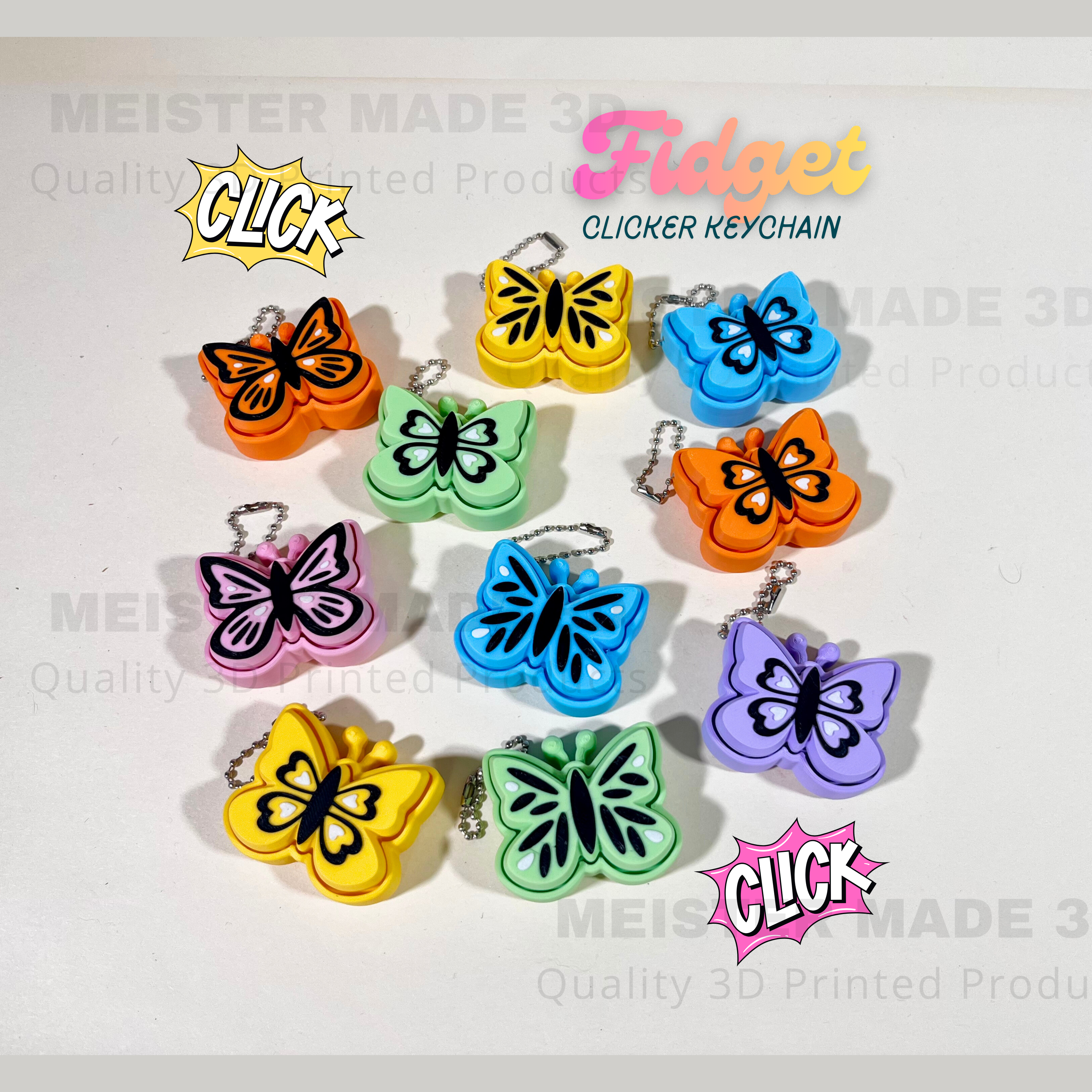 Colorful butterfly fidget keychains with 'Click' and 'Fidget' text on a white background.