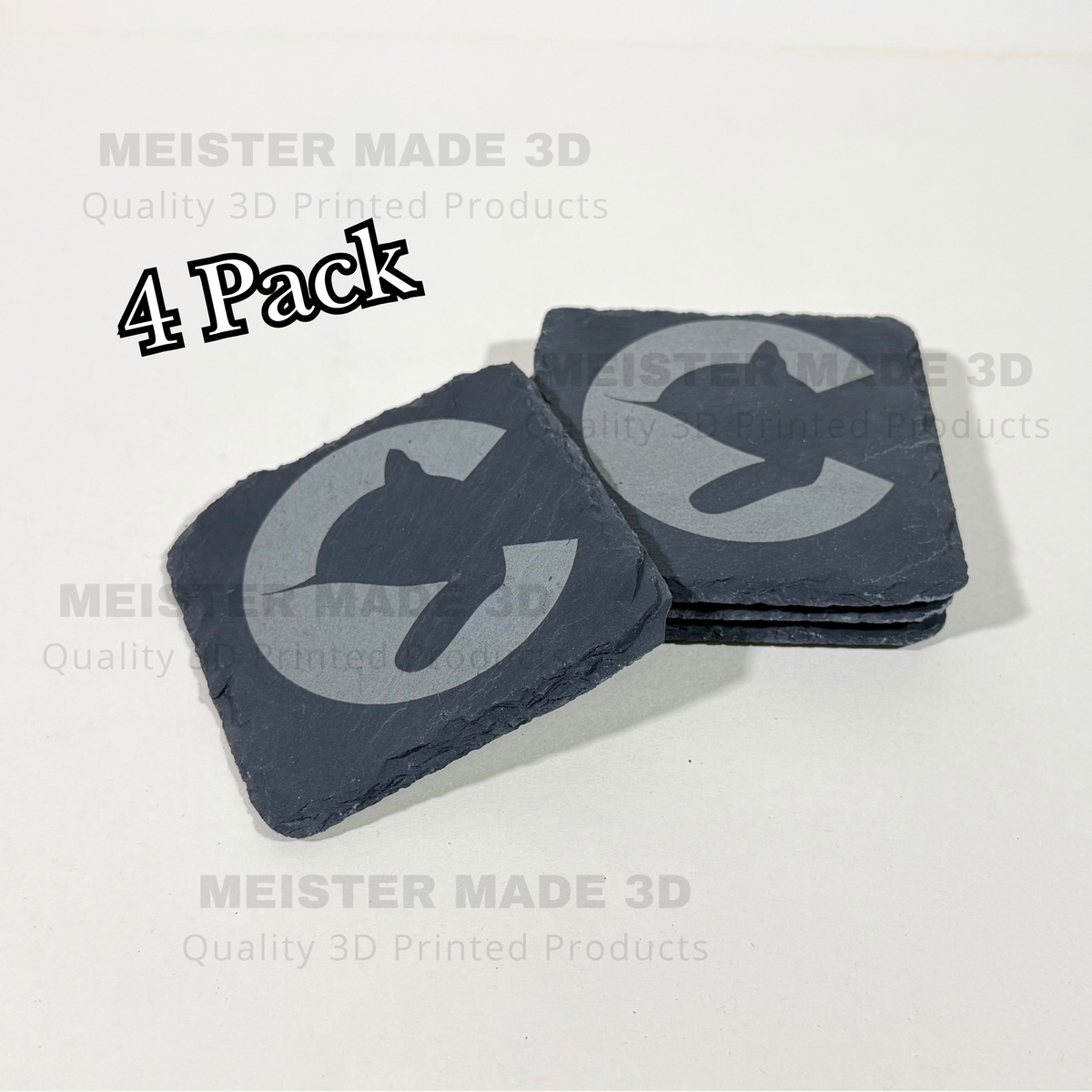 Four square slate coasters stacked in a small stack, each printed with a Chessie System Logo. The image includes the text '4 Pack' and repeated 'MEISTER MADE 3D Quality 3D Printed Products' watermarks on a plain light background.
