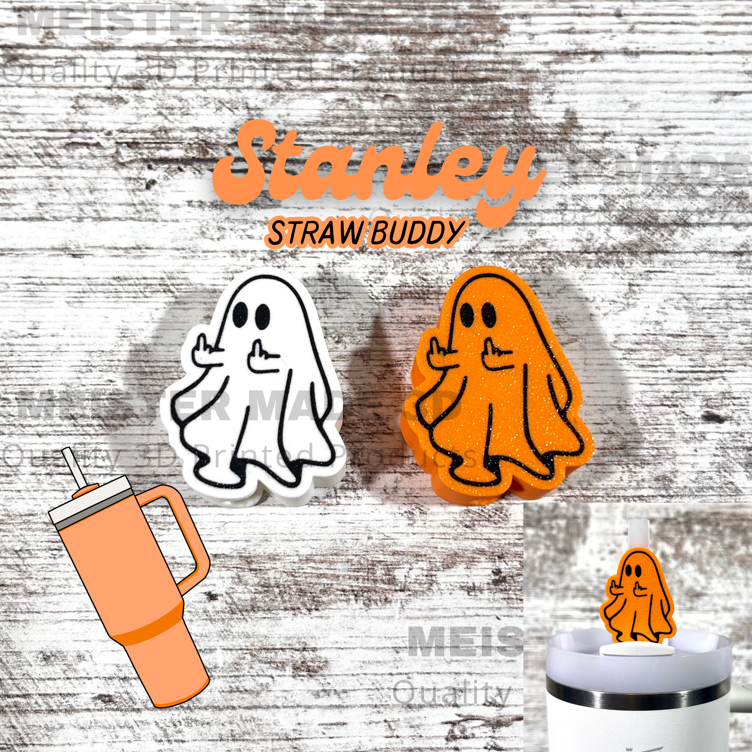 Ghost-shaped straw buddy flipping off with orange and white colors on a wooden background, featuring the brand 'Stanley'.
