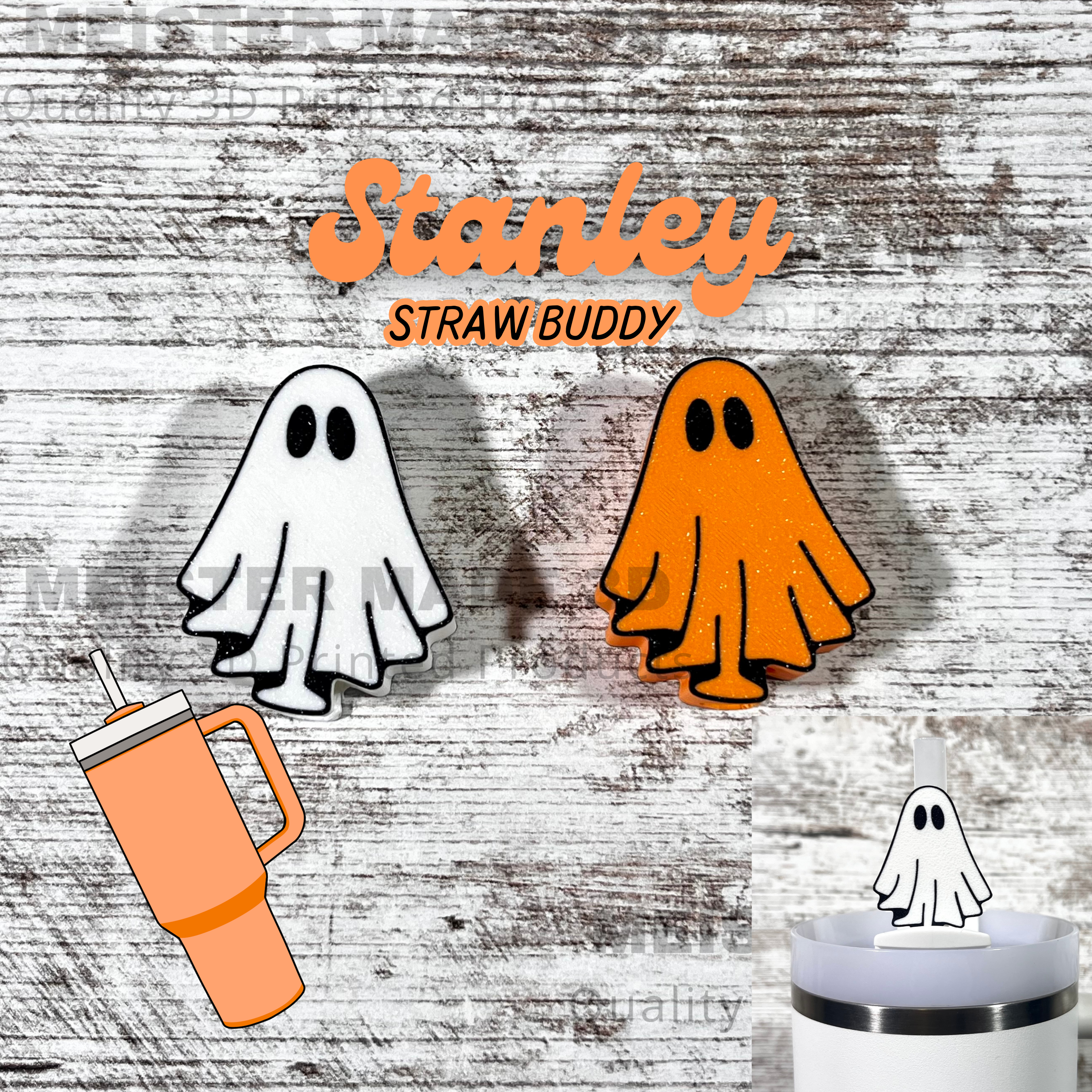 Halloween-themed straw buddy with ghost designs on a wooden background. White and orange ghosts with black eyes and black outline.