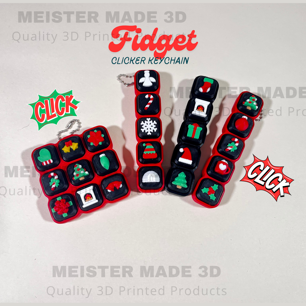 Fidget clicker keychain with Christmas-themed designs on a white background, branded as MEISTER MADE 3D.