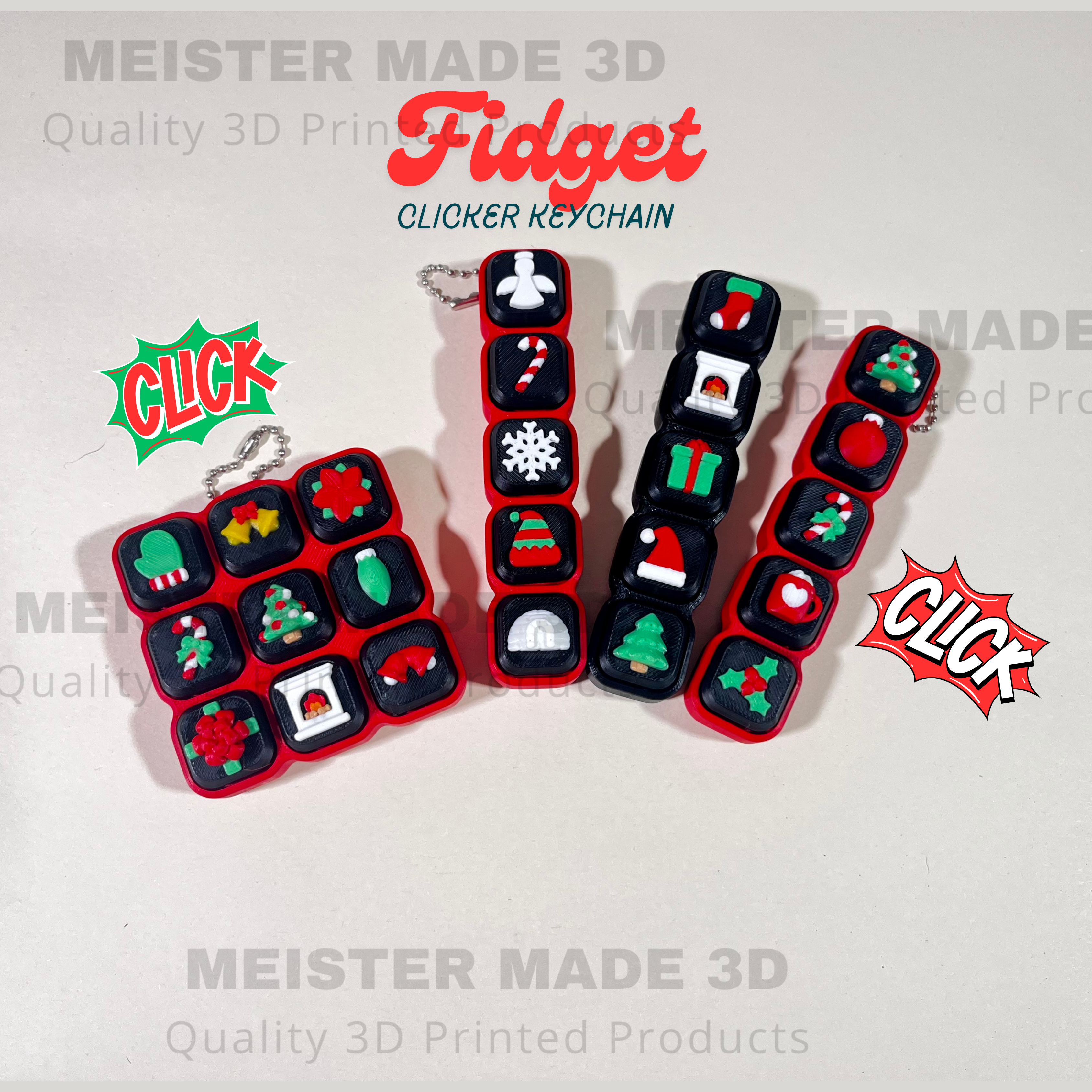 Fidget clicker keychain with Christmas-themed designs on a white background, branded as MEISTER MADE 3D.