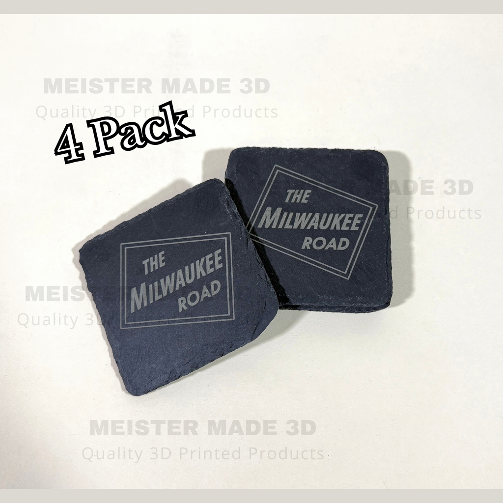 Set of 4 Milwaukee Road engraved slate coasters, natural stone with laser-etched railroad shield logo