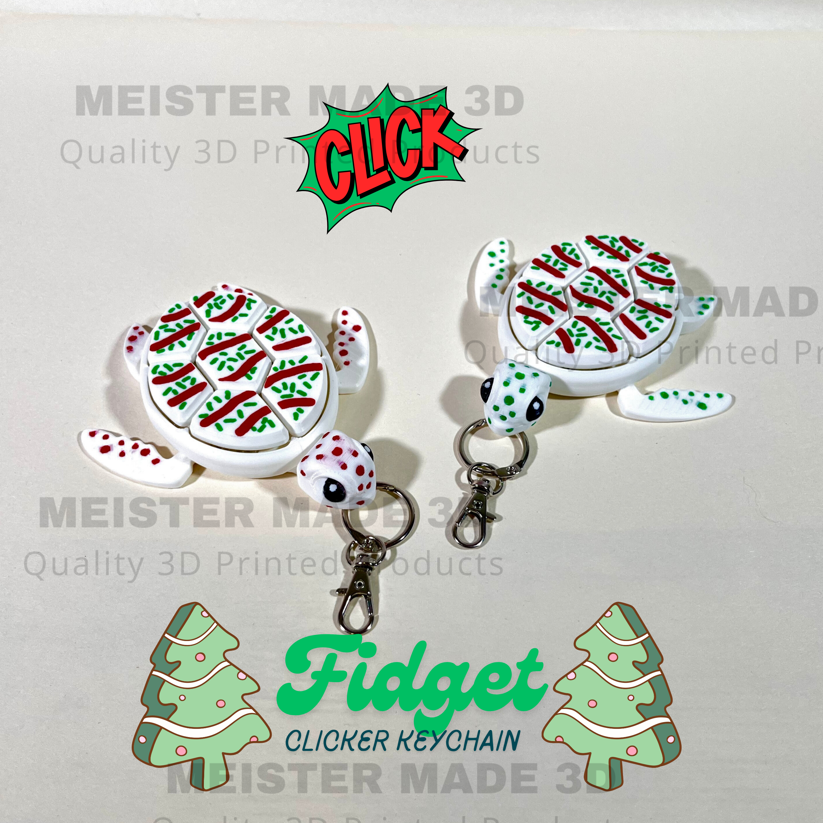 Little Debbie Christmas Tree Cake Inspired Turtle Fidget Clicker Keychain