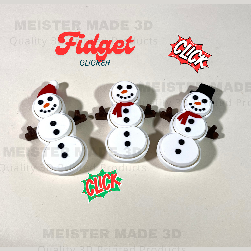 Three snowman-shaped fidget clickers with 'Fidget Click' text on a beige background.