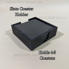 Black 3D printed slate coaster holder designed to store 4 to 5 standard slate coasters, featuring a convenient front finger cutout for easy access.