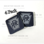 Four-pack of black slate Pennsylvania Railroad coasters featuring the engraved PRR keystone logo, perfect for railroad enthusiasts and vintage train decor.