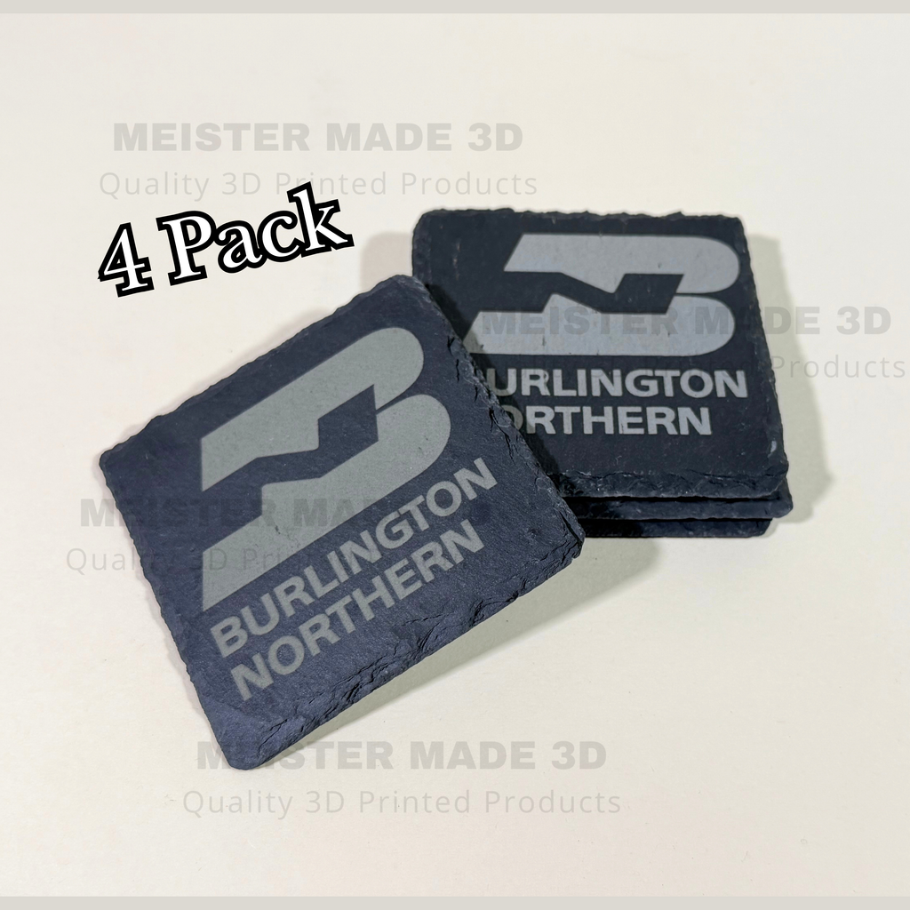 Set of 4 laser engraved Burlington Northern slate coasters featuring the classic BN railroad logo, perfect for train enthusiasts and railroad memorabilia collections.