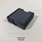 Angled view of a black 3D printed slate coaster holder with natural slate coasters inserted, designed to neatly organize 4 to 5 coasters on a tabletop.
