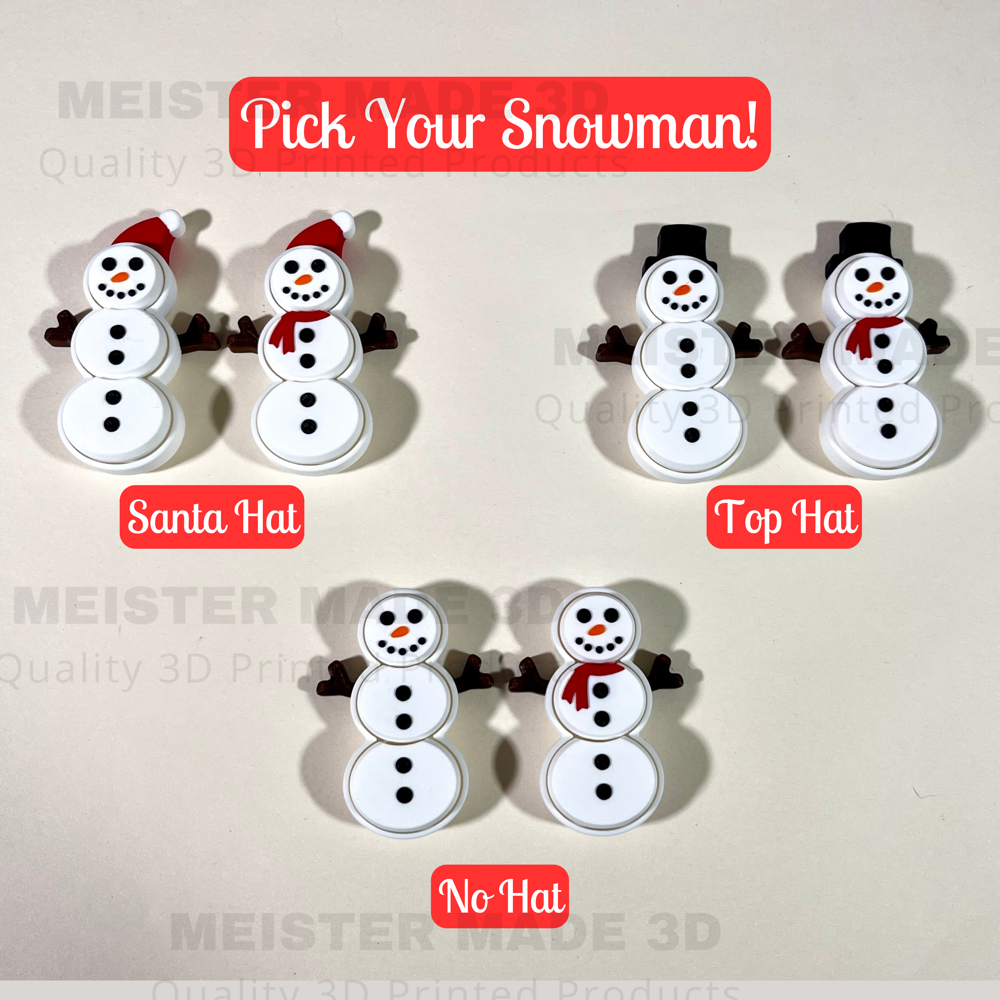 Set of 6 snowman decorations with different hat options on a beige background.