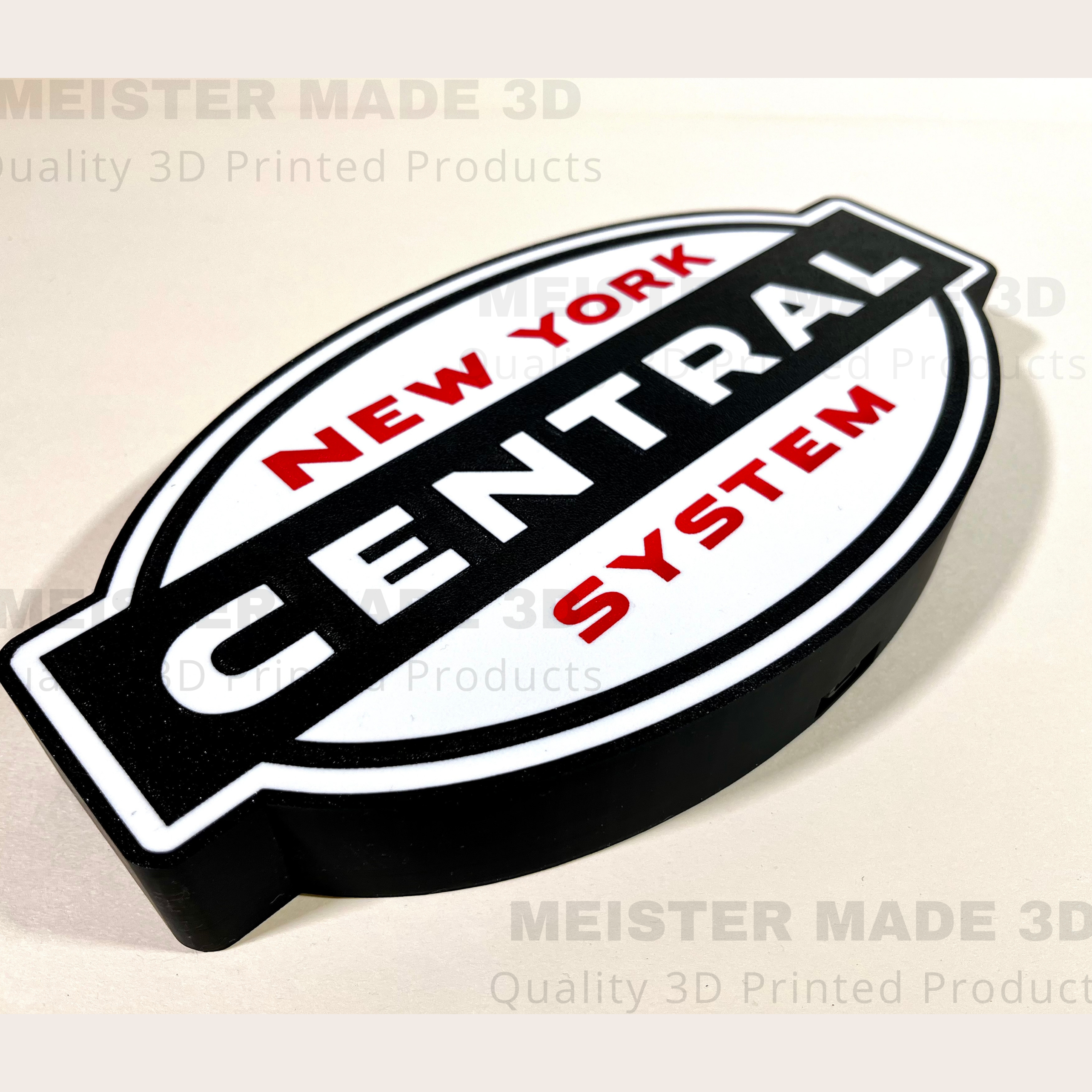 3D-printed New York Central System logo sign on a white background