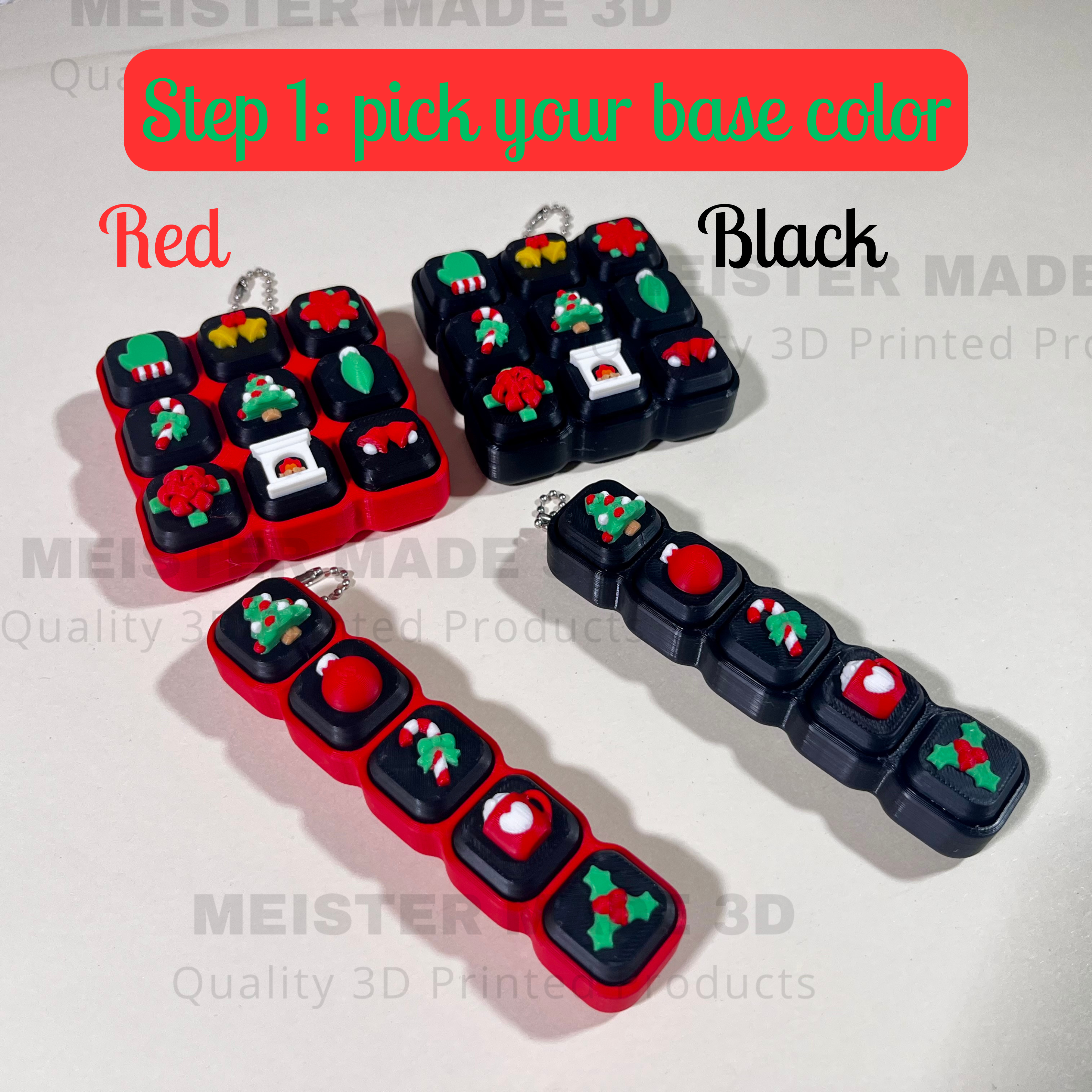 Black and red Fidget clicker keychains with Christmas-themed designs on a white background, with watermark on image saying MEISTER MADE 3D.