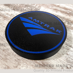 Amtrak LED sign close up with MeisterMade3D watermarked across the image on a white wood background