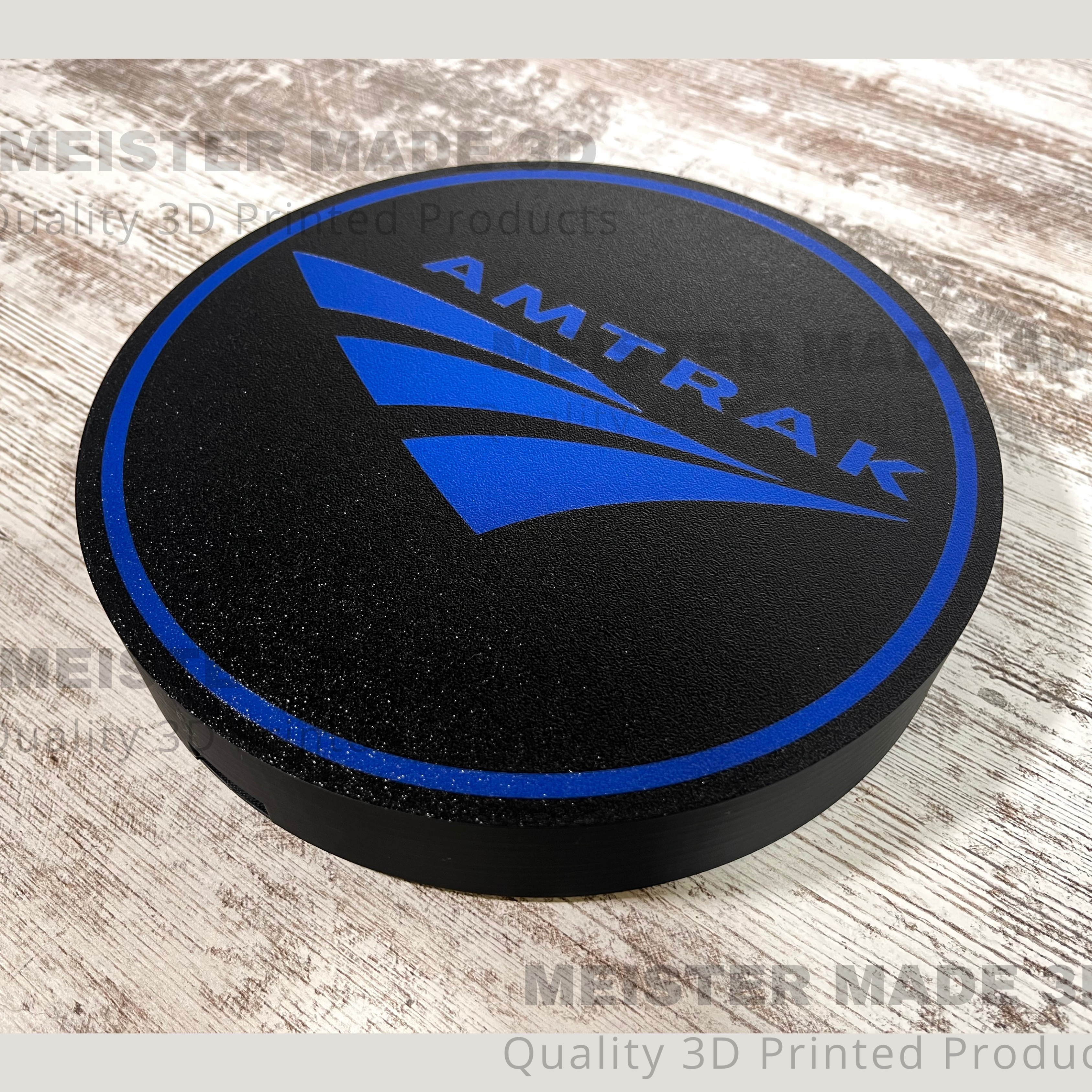 Amtrak LED sign close up with MeisterMade3D watermarked across the image on a white wood background
