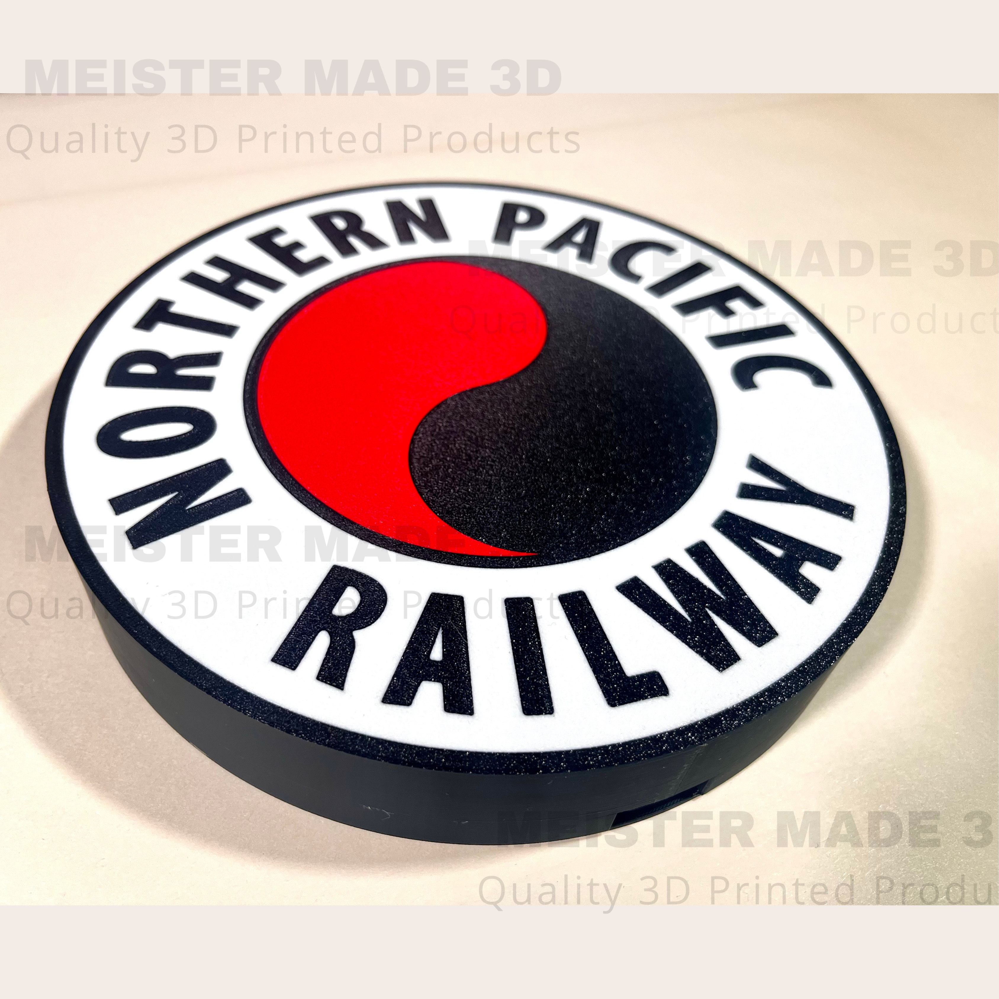 3D-printed Northern Pacific Railway logo LED sign on a light background