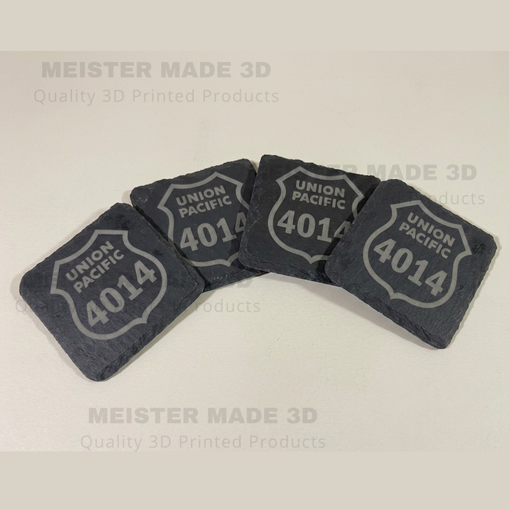Set of four Union Pacific 4014 coasters on a light background with 'Meister Made 3D' branding watermarked across image.