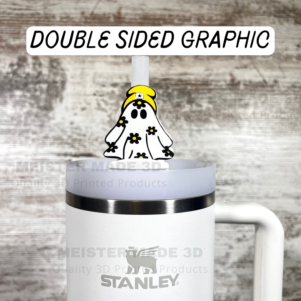 Cute ghost with colored beanie Stanley straw buddy topper,  Stanley Accessories, trending tumbler accessories, cute fall gifts, Halloween