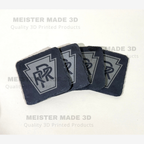 Set of four black slate coasters featuring the Pennsylvania Railroad PRR keystone logo engraved in gray, with natural rough slate edges.