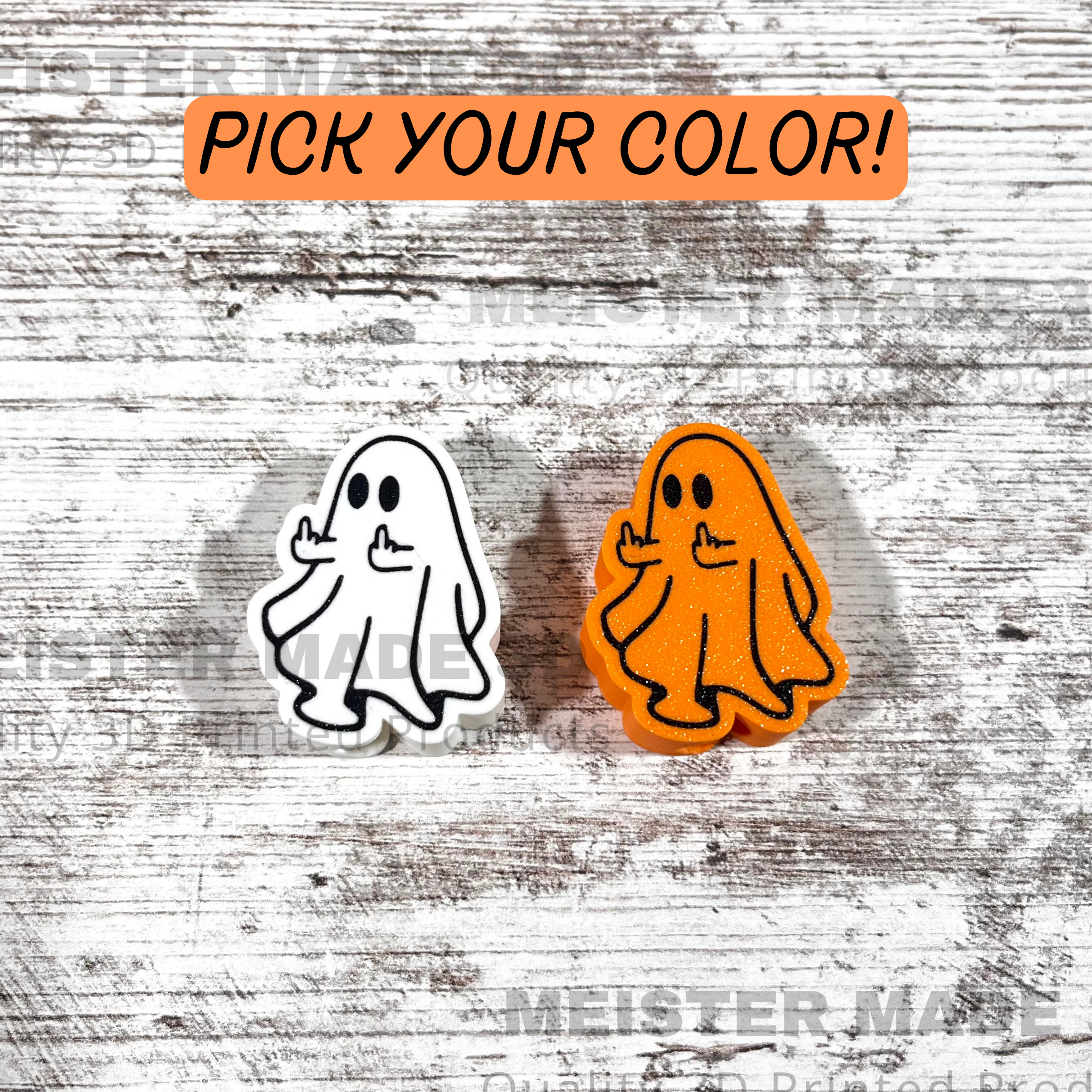 Two ghost-shaped stanley buddies, one white and one orange, on a textured wooden background with 'Pick Your Color!' text.