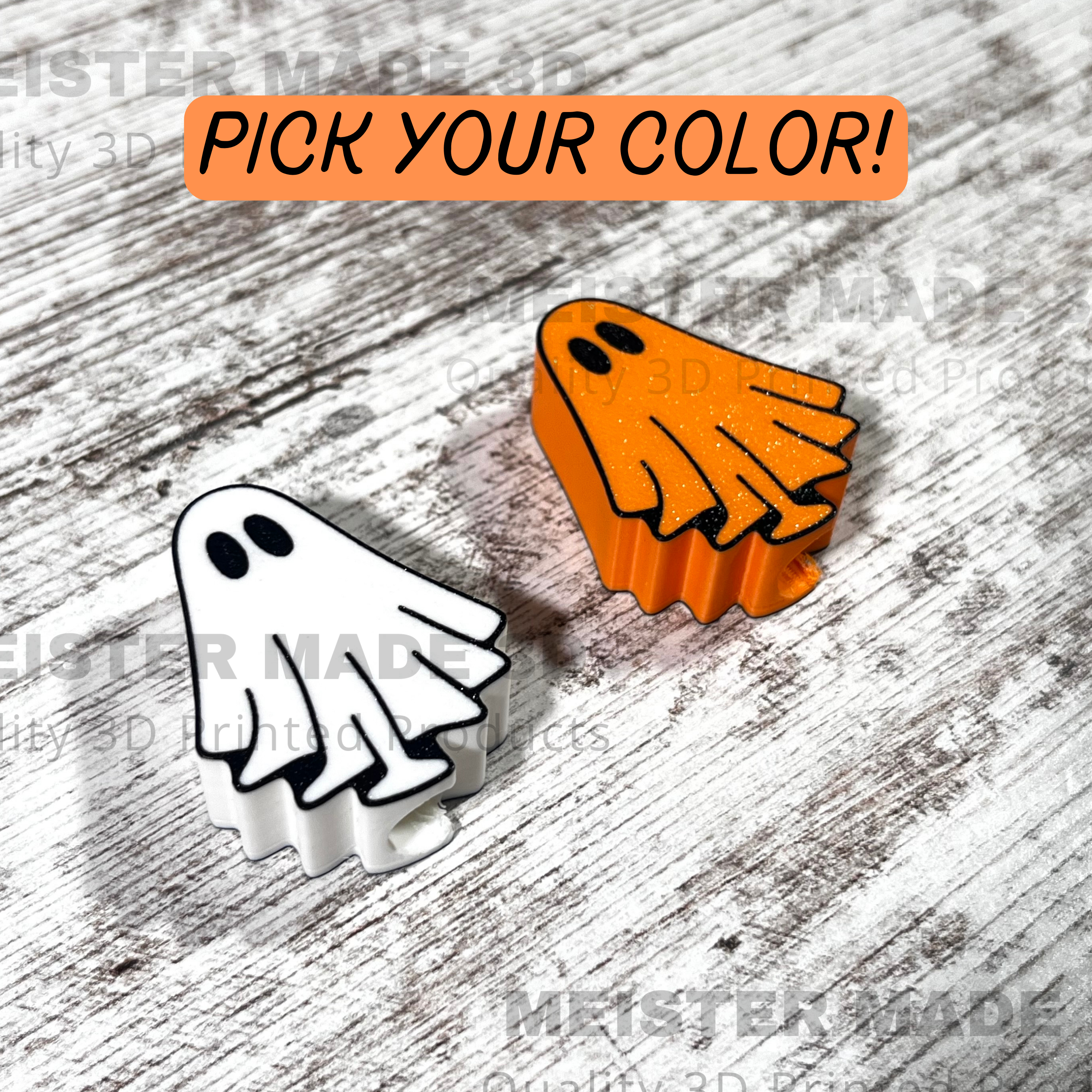 Two Halloween-themed ghost stanley straw buddies, one white ghost and one orange ghost, on a wooden surface with 'Pick Your Color!' text.
