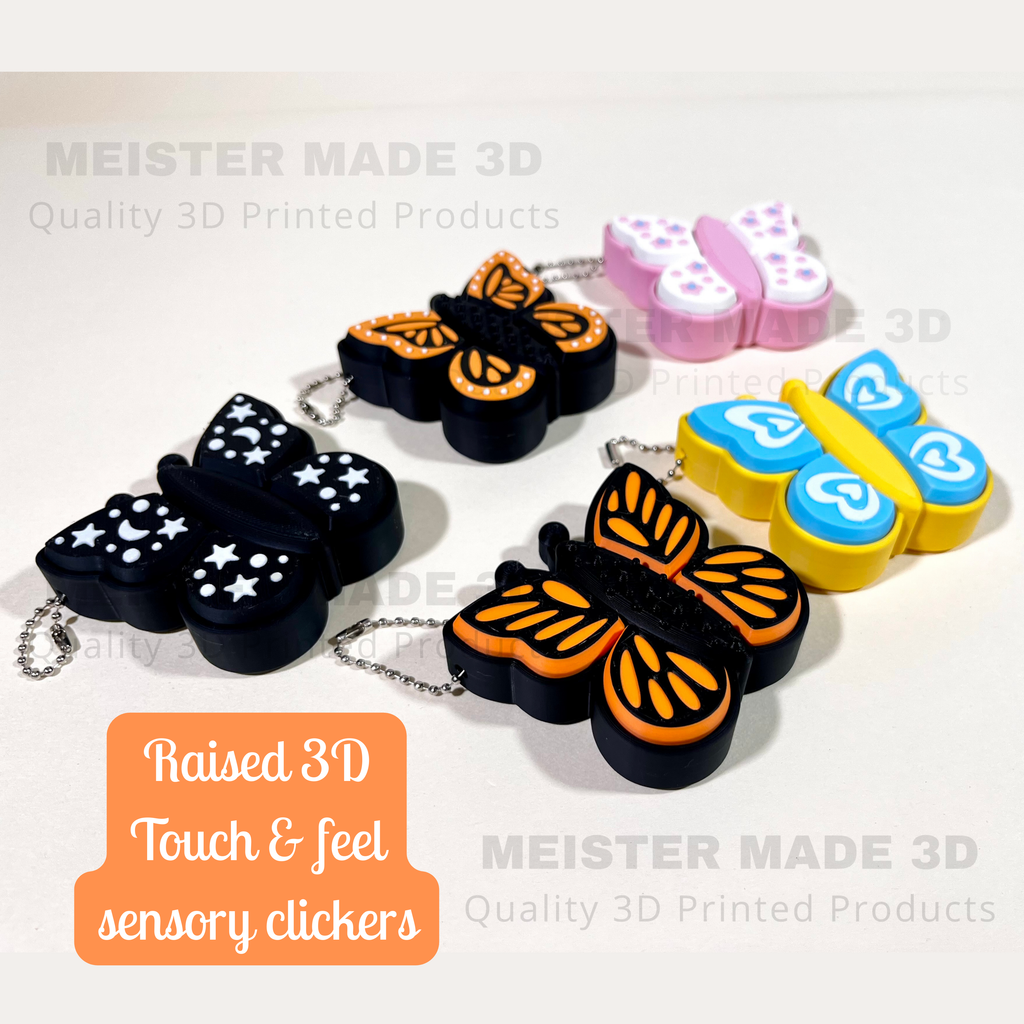 Butterfly-shaped sensory clickers with text about 3D printed products on a light background