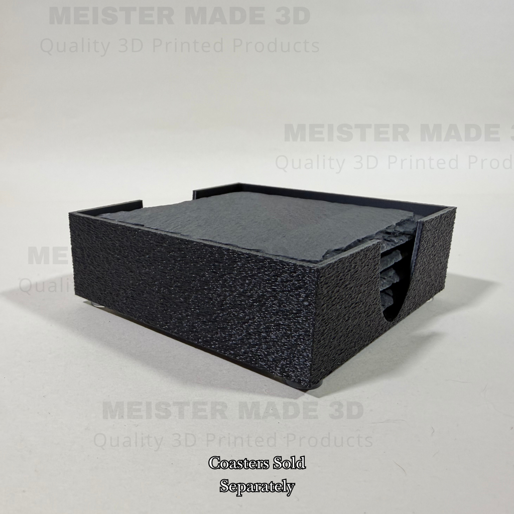 Side profile of a durable 3D printed slate coaster holder with textured finish, designed to hold 4 to 5 standard slate coasters. Coasters sold separately.