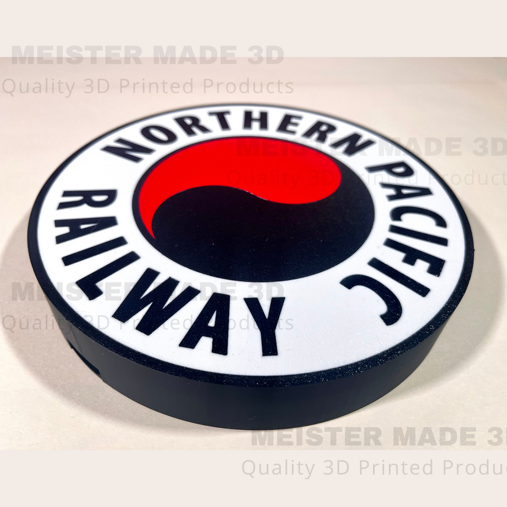 3D-printed Northern Pacific Railway logo LED sign on a beige background