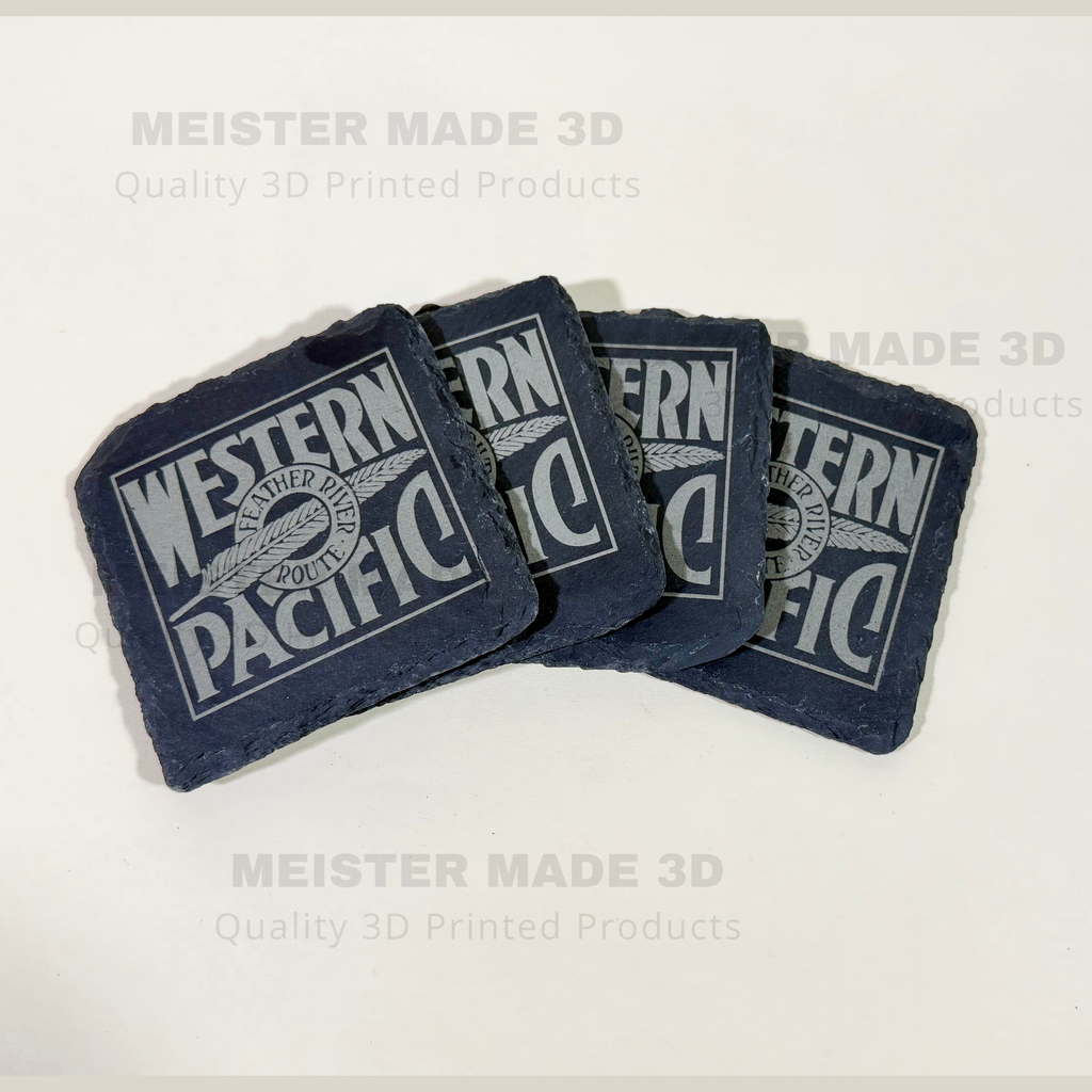 Four square coasters with a distressed white 'Western Pacific' logo, arranged in a fan shape on a light background with 'MEISTER MADE 3D' watermarks.