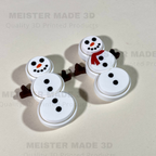 2 snowmen with no hats. One with a scarf and one without on a white background