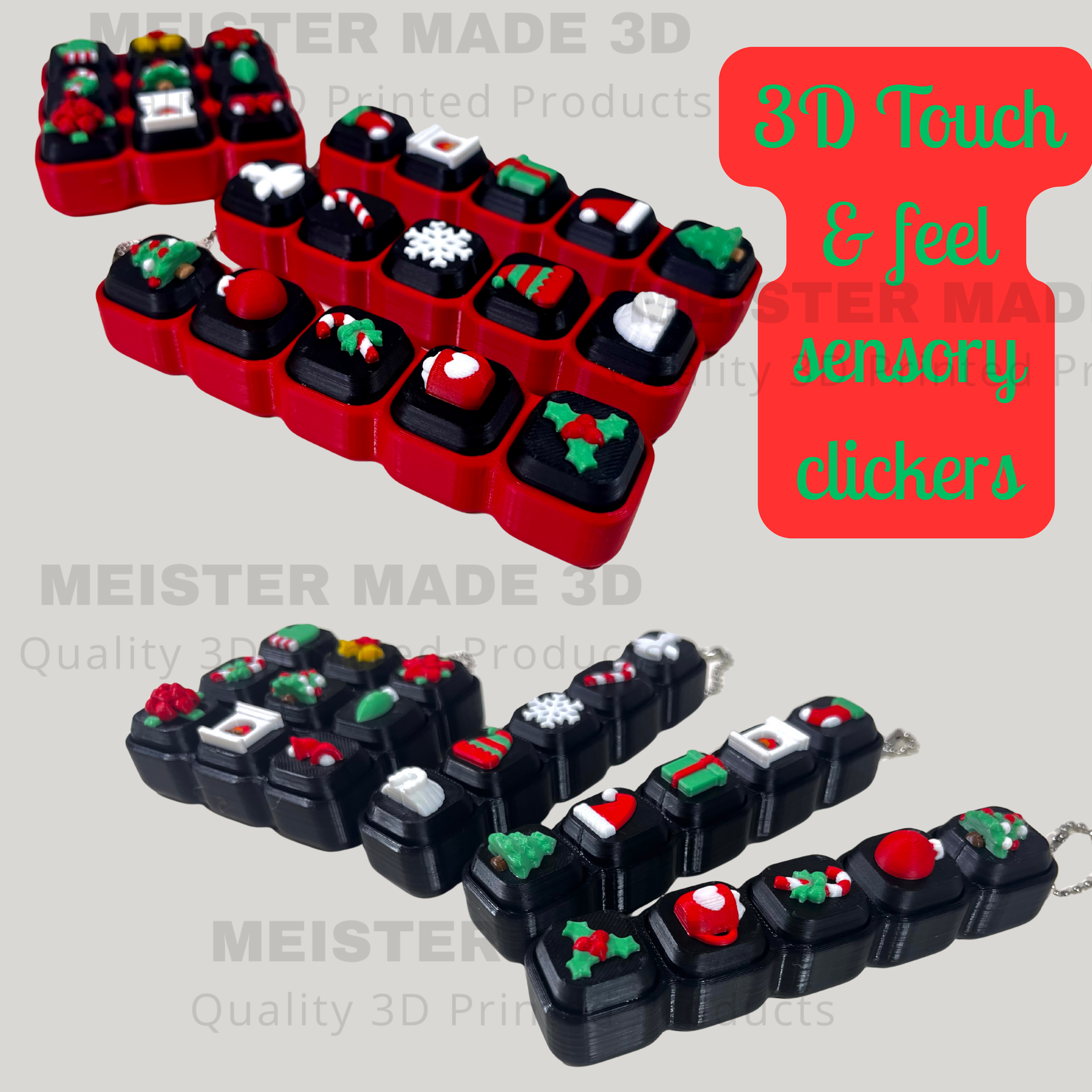 Red and black 3D touch & feel sensory clickers with Christmas-themed designs on a gray background.