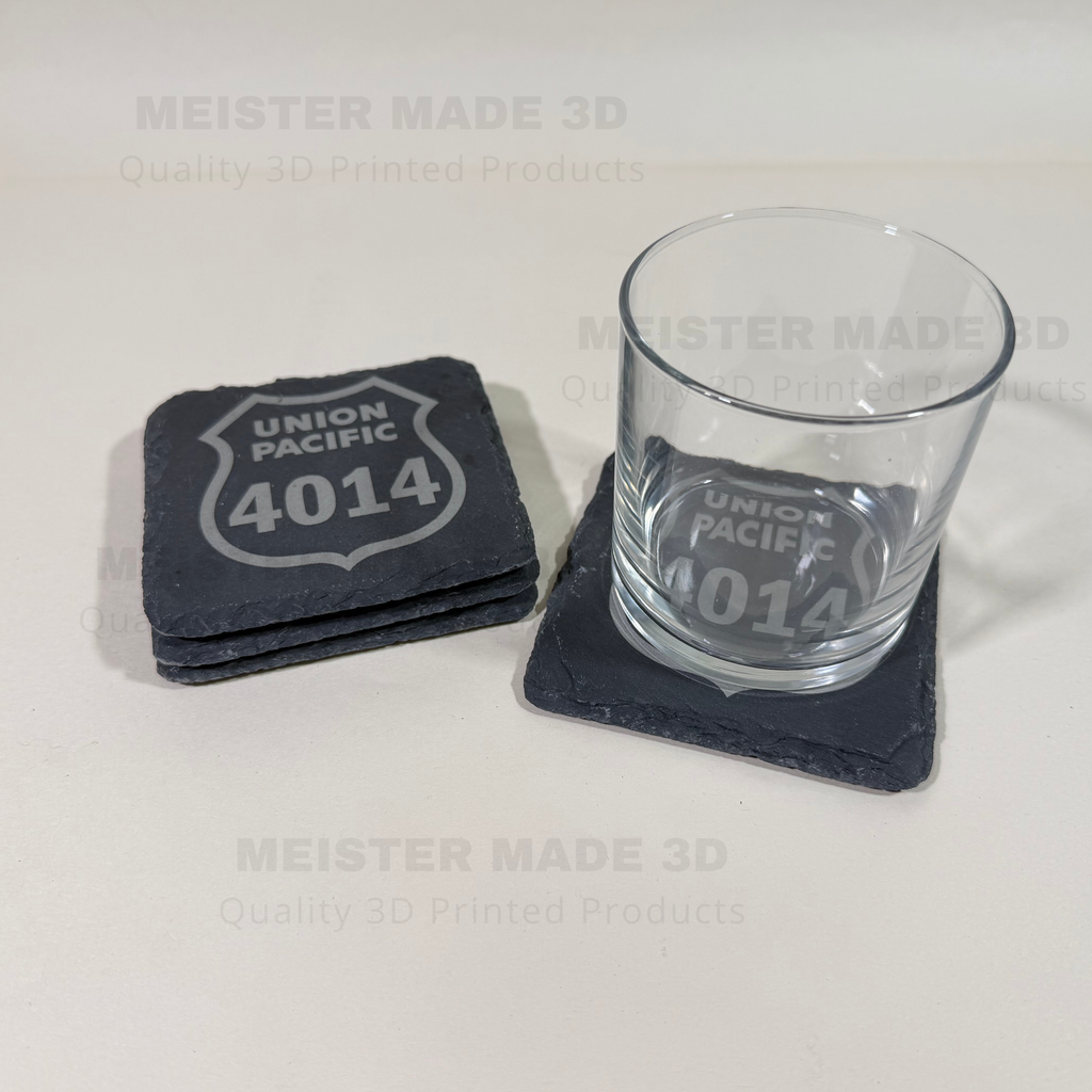 Set of coasters with 'Union Pacific 4014' design and a glass on a white background.