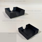Empty black 3D printed slate coaster holder shown from multiple angles, highlighting the open-top design and front cutout for easy coaster storage and removal.