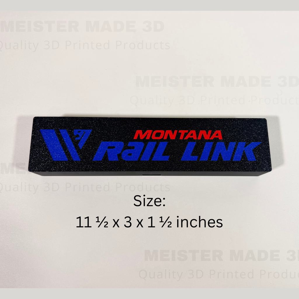 Montana Rail Link railroad LED sign dimensions shown at 11.5 x 3 x 1.5 inches for display and desk decor sizing reference.