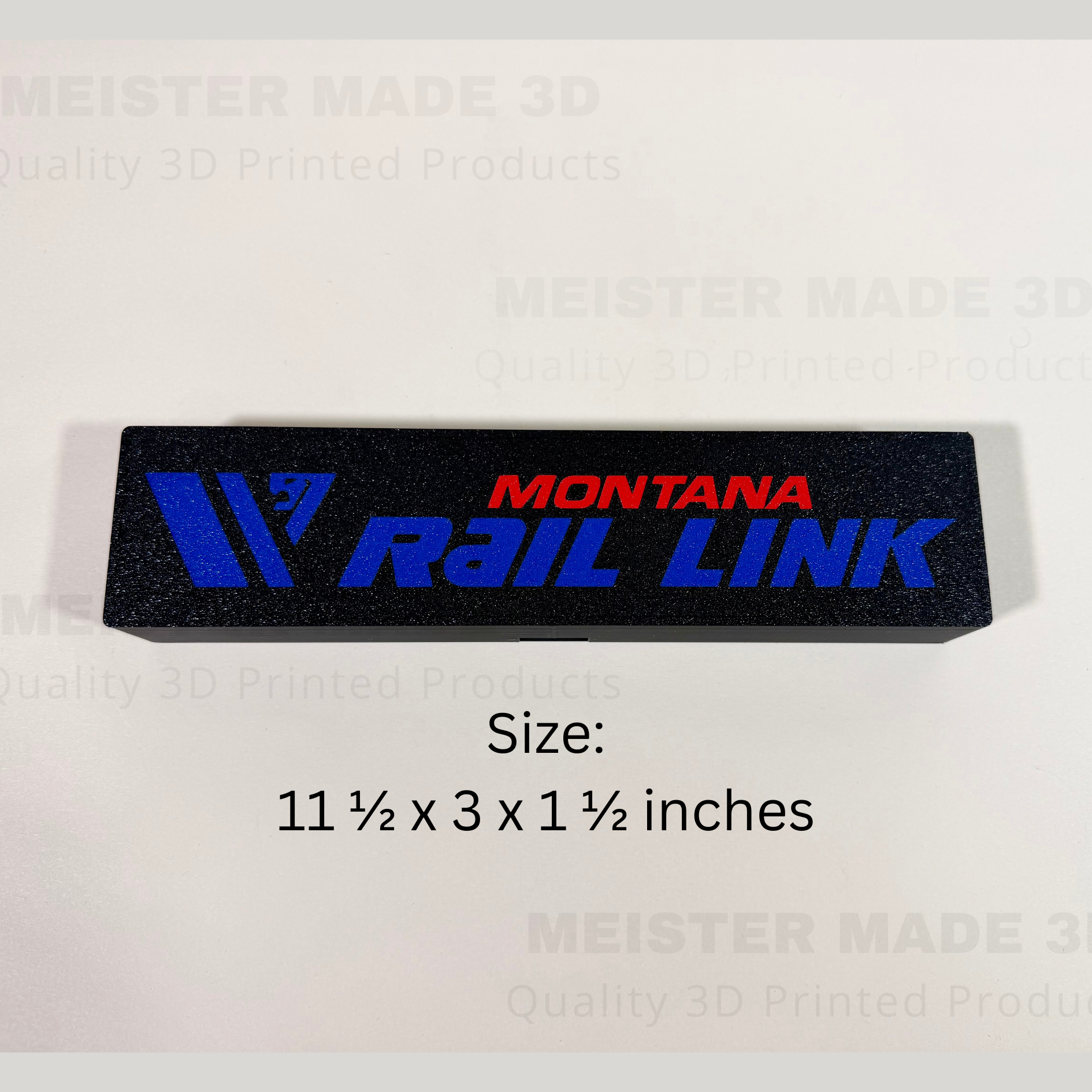 Montana Rail Link railroad LED sign dimensions shown at 11.5 x 3 x 1.5 inches for display and desk decor sizing reference.