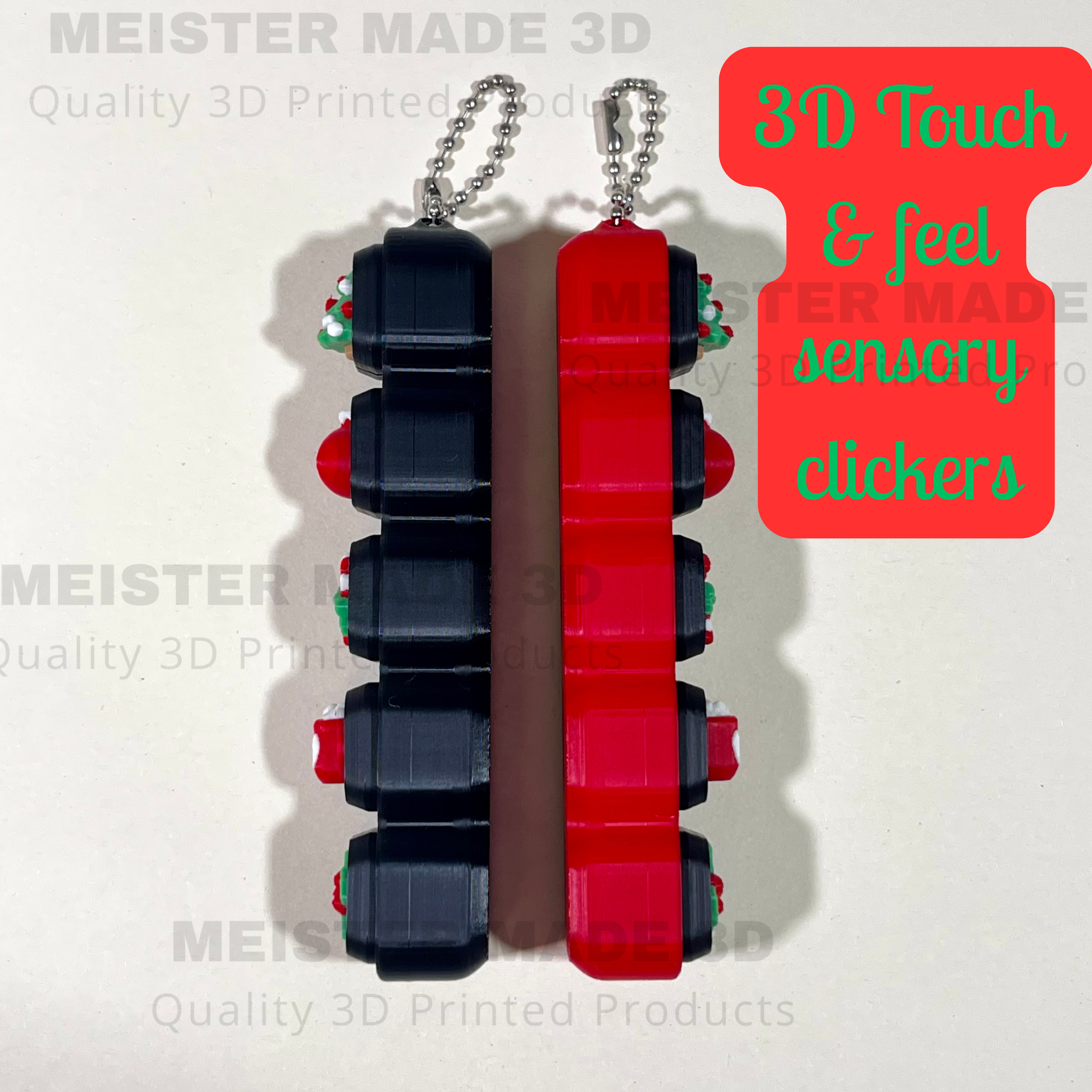 Side profile of a black and red keychain showing the 3d touch and feel icons.