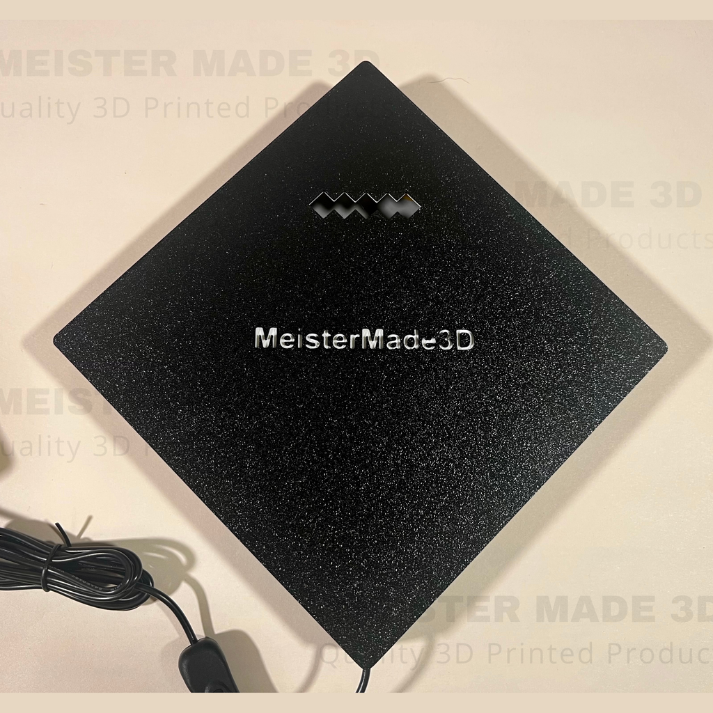 Back of sign with black and white meistermade3d text in the center
