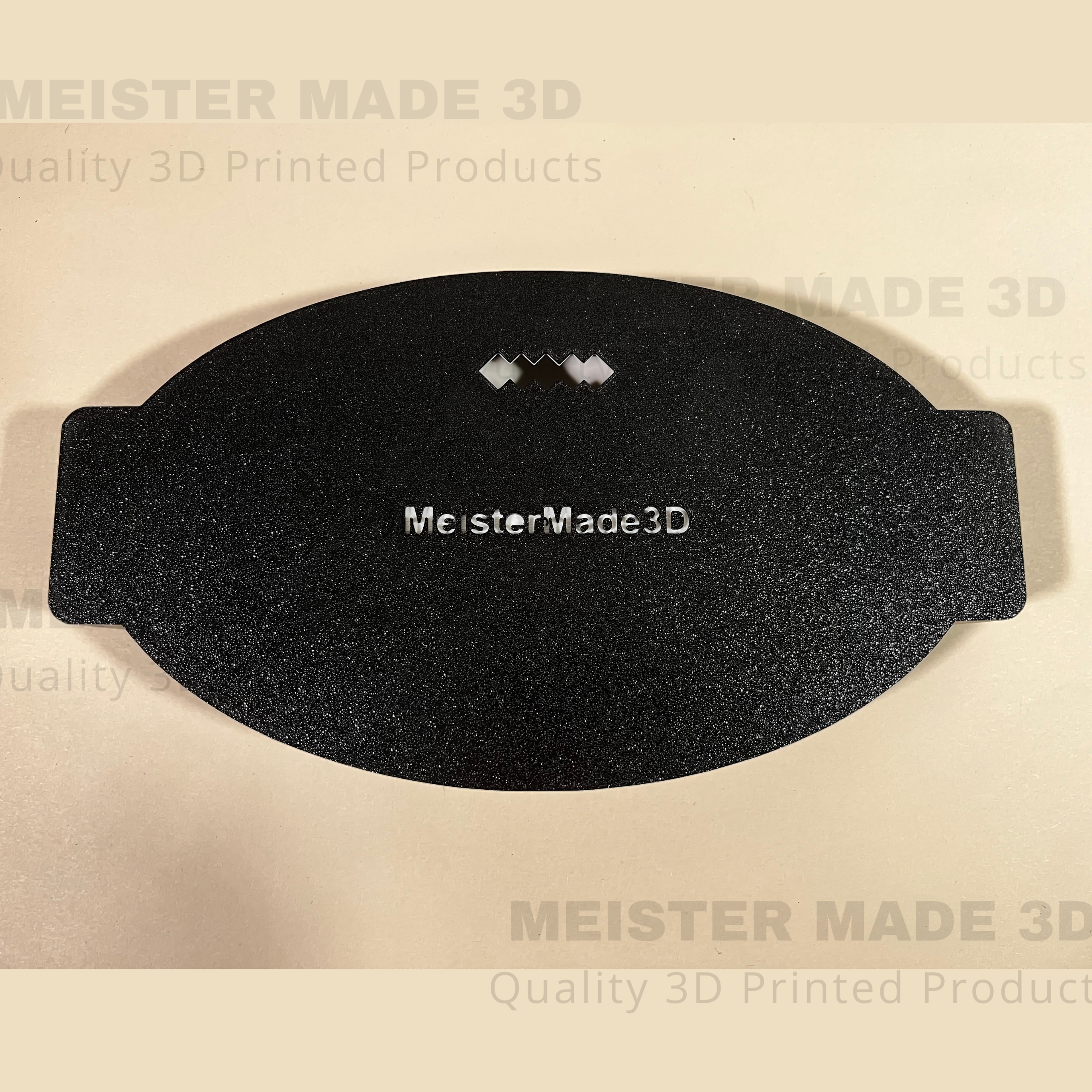 Back of sign. MeisterMade3D branding and adjustable hanging positions are on back.