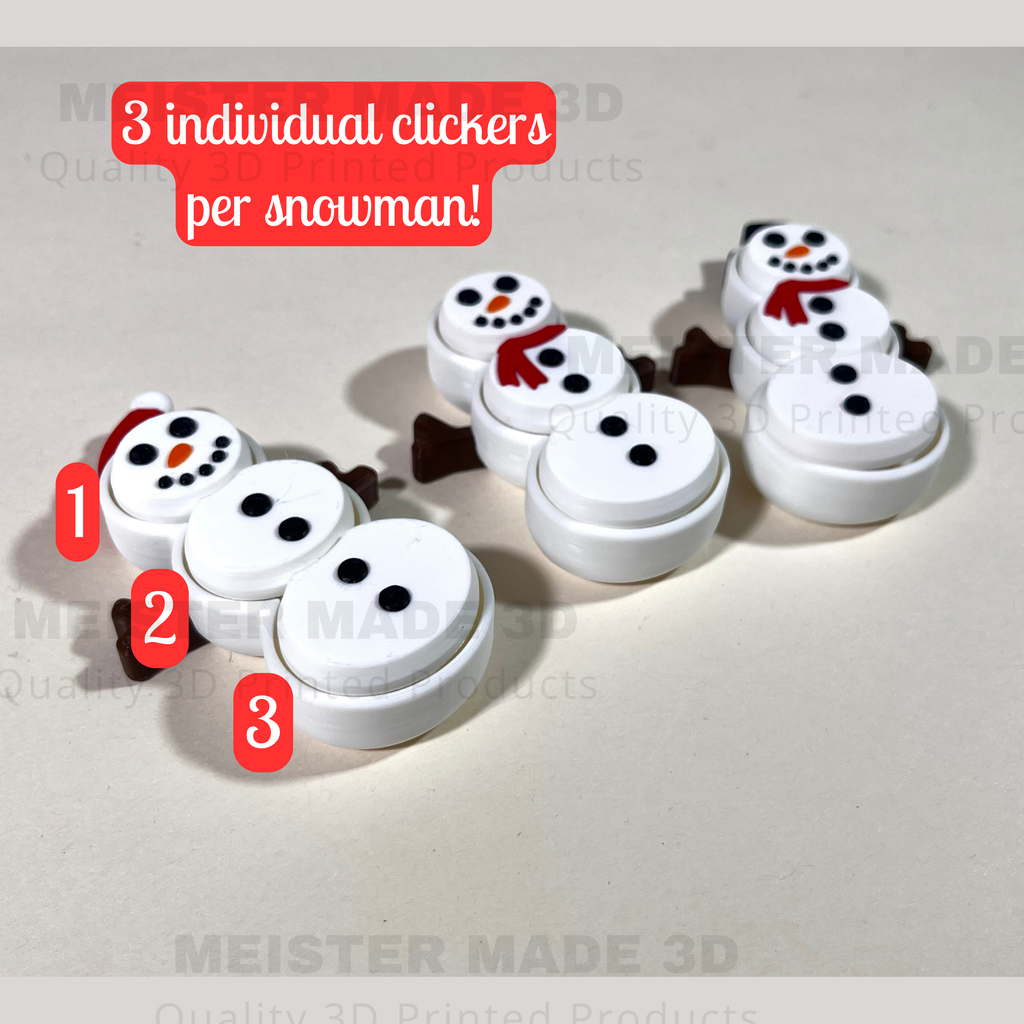 Snowman-shaped clickers with three individual clickers each on a light gray background.