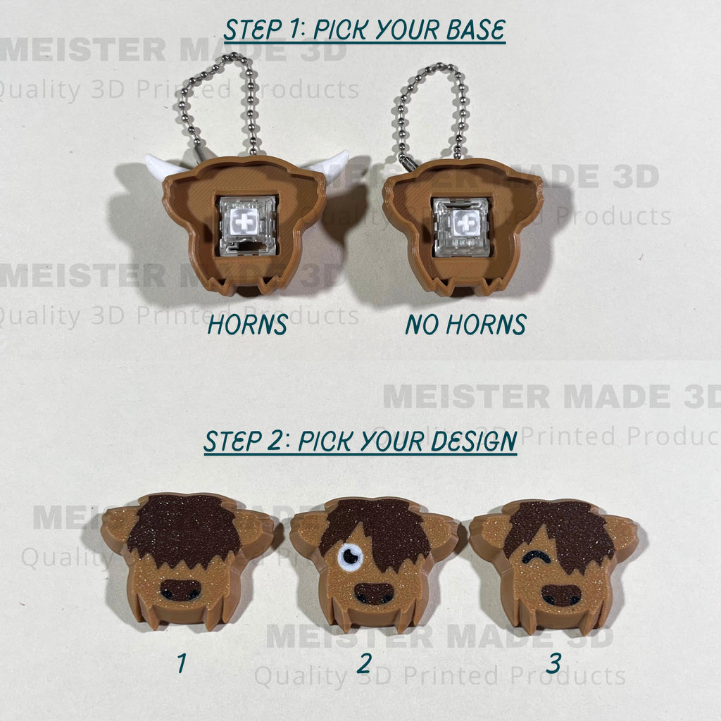 Highland Cow Fidget Clicker Keychain with Horn or No Horn Base and 3 Cap Options | 3D Printed Sensory Toy for Stress Relief and Fun, ADHD
