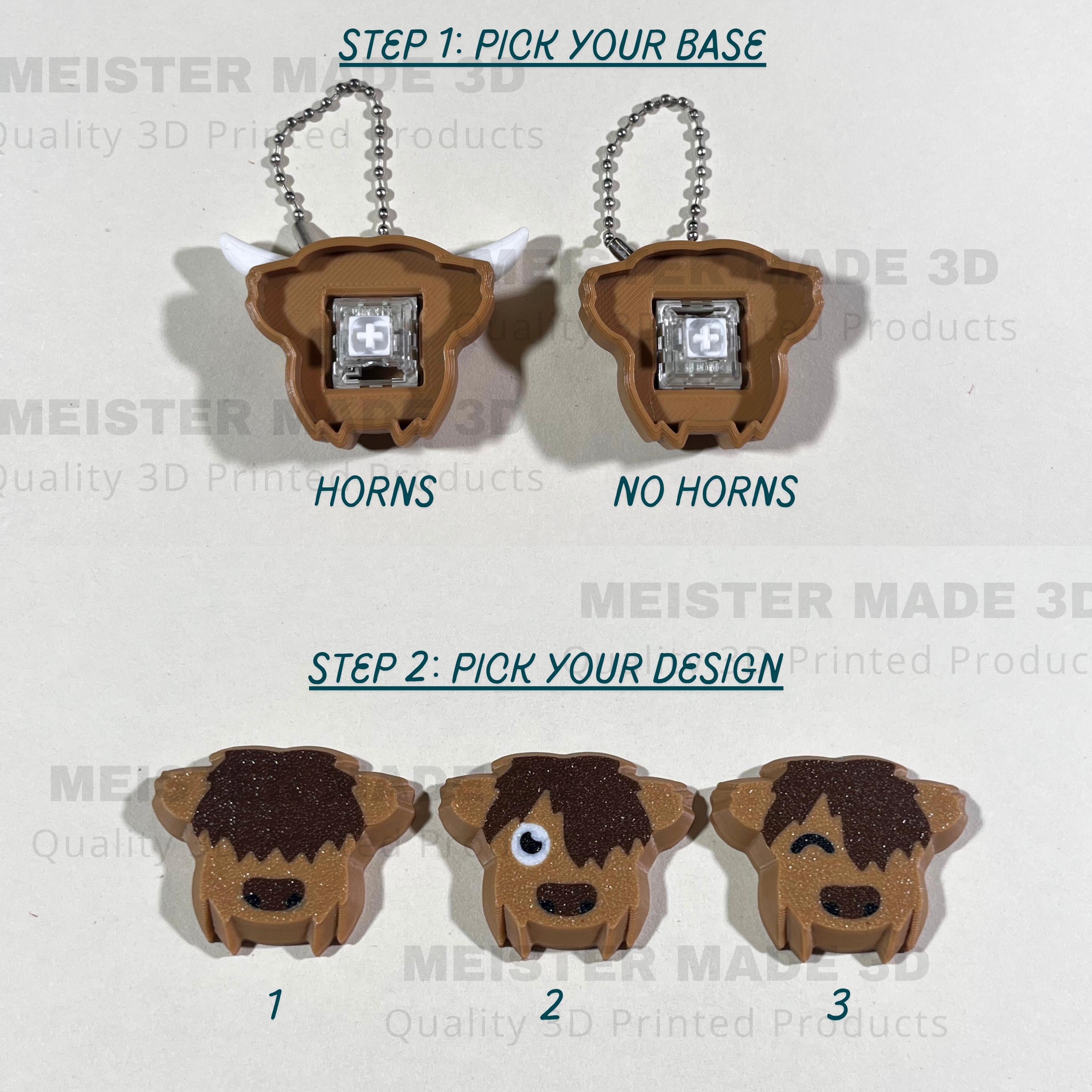 Highland Cow Fidget Clicker Keychain with Horn or No Horn Base and 3 Cap Options | 3D Printed Sensory Toy for Stress Relief and Fun, ADHD