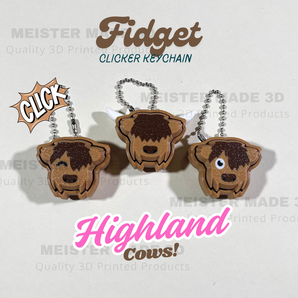 Highland Cow Fidget Clicker Keychain with Horn or No Horn Base and 3 Cap Options | 3D Printed Sensory Toy for Stress Relief and Fun, ADHD