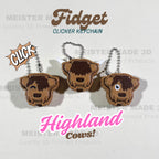Highland Cow Fidget Clicker Keychain with Horn or No Horn Base and 3 Cap Options | 3D Printed Sensory Toy for Stress Relief and Fun, ADHD