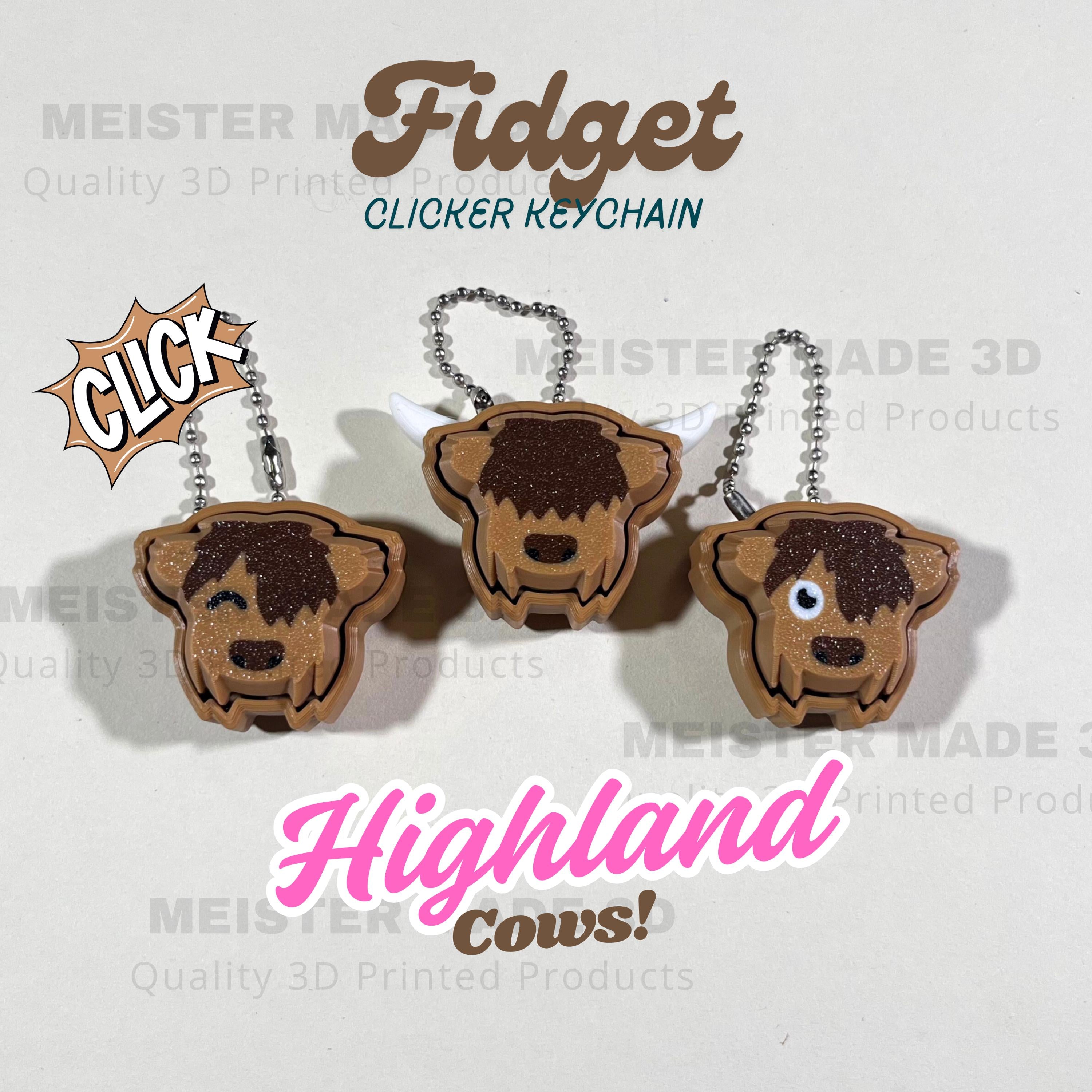Highland Cow Fidget Clicker Keychain with Horn or No Horn Base and 3 Cap Options | 3D Printed Sensory Toy for Stress Relief and Fun, ADHD