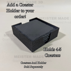 Black coaster holder with text on a light gray background