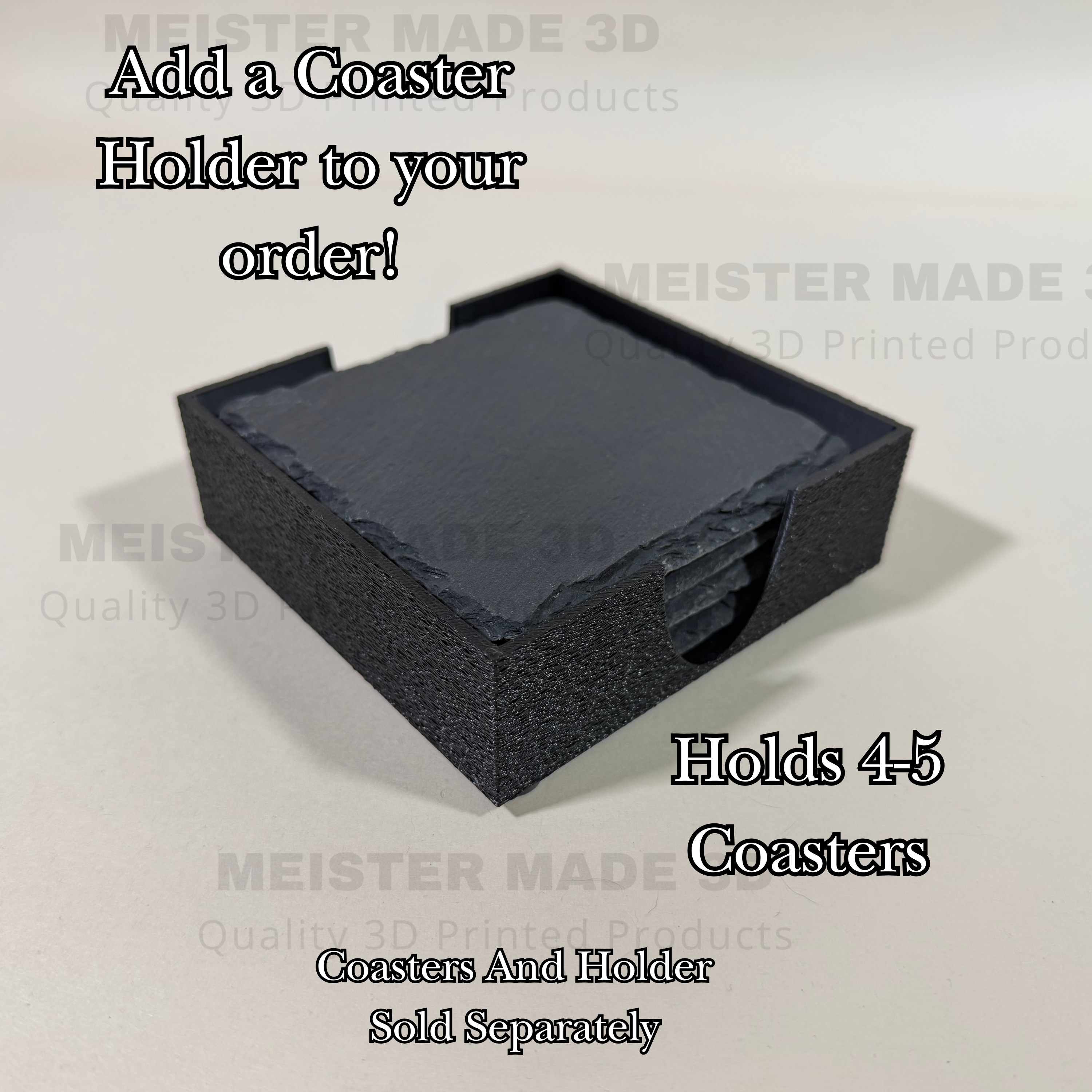 Black coaster holder with text on a light gray background