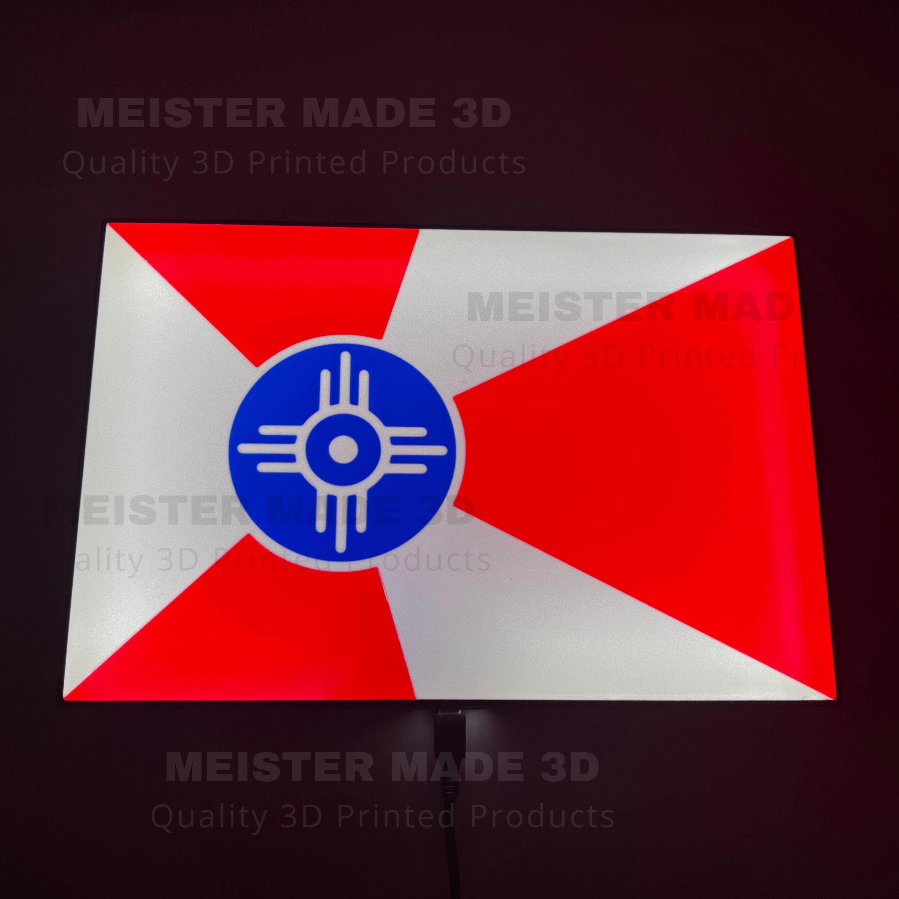 ICT light up Sign, Wichita Kansas Flag, LED signs, illuminated sign, local flags, night light, shop local, red white and blue signs