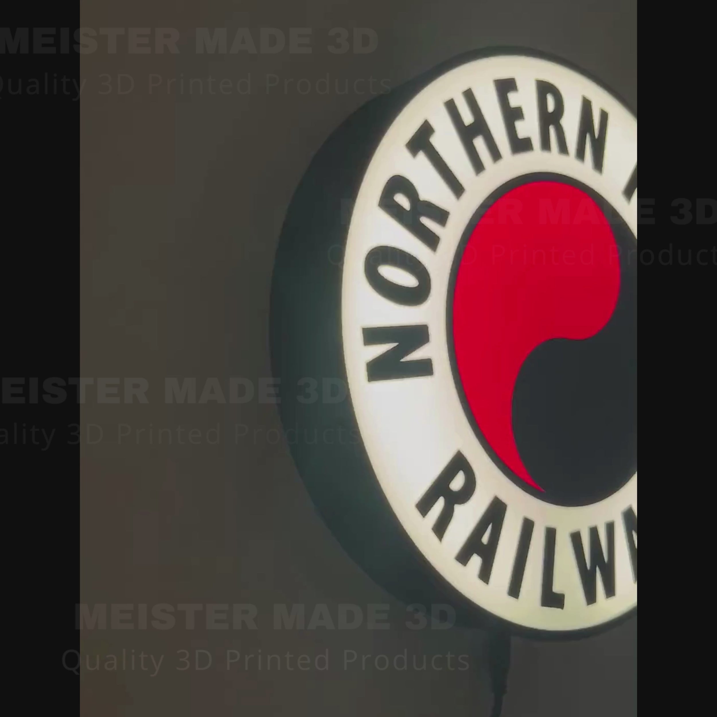 Video showing the Northern Pacific Railway sign illuminated and hanging on the wall. 