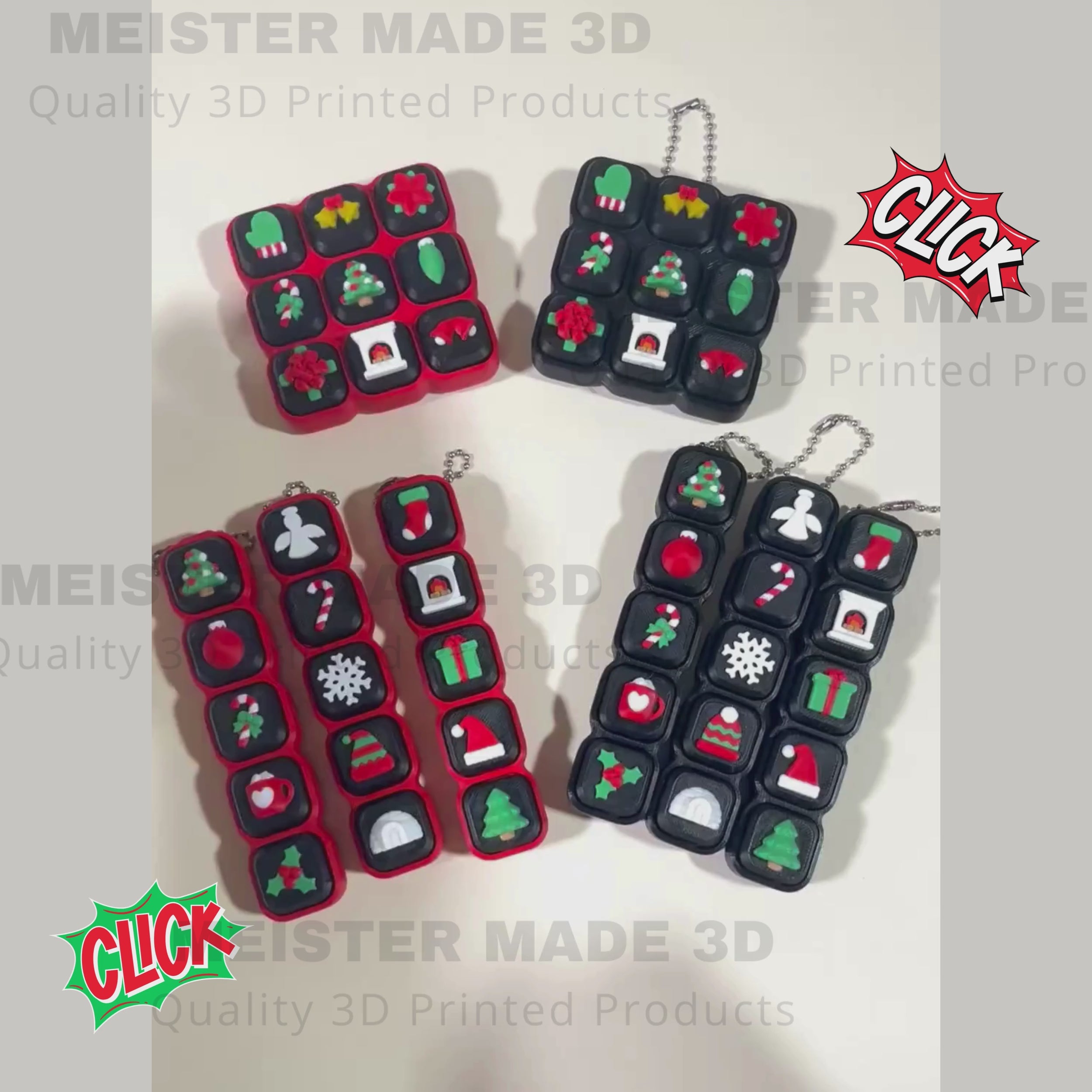 Video showing the functionality of the 3D christmas fidget clicker icon keychains in action. Video also has audio to display the sound the clickers make when pressed.